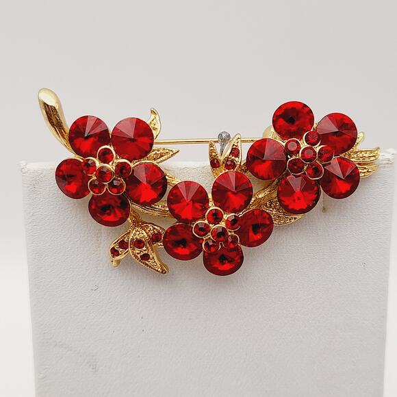 Vintage Red Rivoli Rhinestone Flower Cluster Brooch - Picture 3 of 9